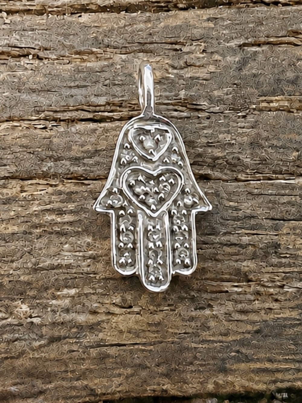 14K White Gold Hamsa Hand Pendant with tiny diamonds and heart accents